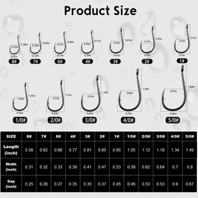 Fishing hook product size chart showing offset circle baitholder shapes and measurements