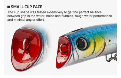 Front popper cup faces with hook hardware on a topwater fishing lure
