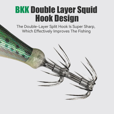 Close-up of double-layer squid hook on shimmery lure body