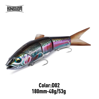 Multi-jointed hard fishing lure, green-black with purple-pink highlights, brown tail and silver trebles