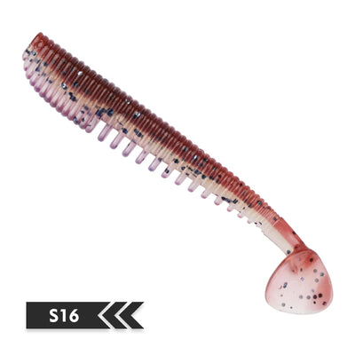 Soft silicone shad fishing lure, reddish-brown with speckles, translucent pink paddle tail