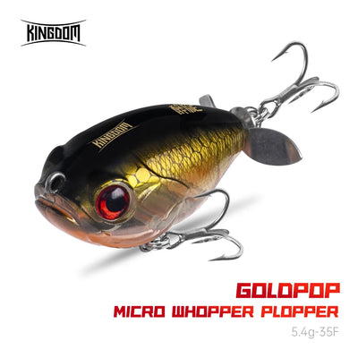 Topwater floating wobbler lure in dark blue-black and gold with red eye and treble hooks
