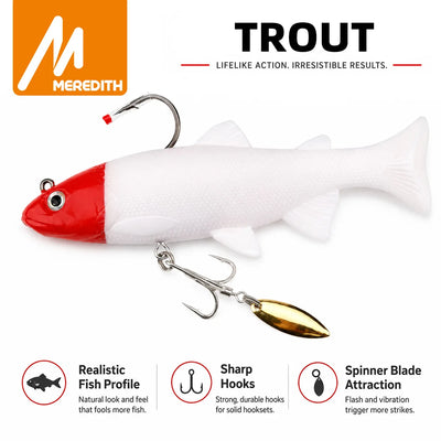 Red-and-white trout spinning fishing lure with gold spinner blade and treble hook