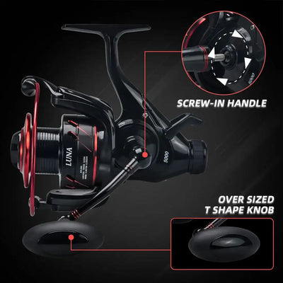 SeaKnight LUNA spinning reel with screw-in handle and red side spool accents