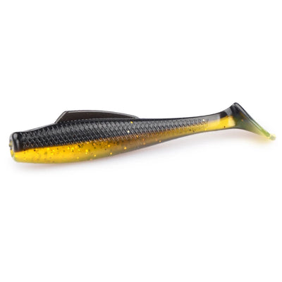 Soft plastic paddle tail minnow lure, dark back with yellow belly and green tail