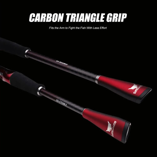 Two-piece fishing rod handle with carbon triangle grip and red end wraps