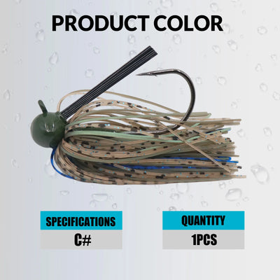 Chatterbait-style jig with dark head and camo skirt with blue flecks