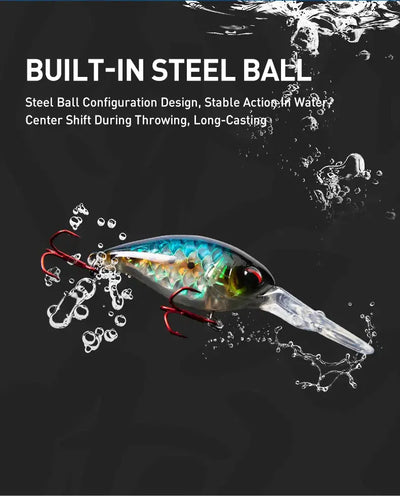 Floating minnow crankbait lure with clear lip and red treble hooks, blue-green finish