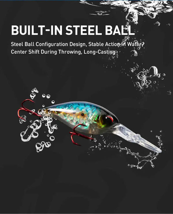 Floating minnow crankbait lure with clear lip and red treble hooks, blue-green finish
