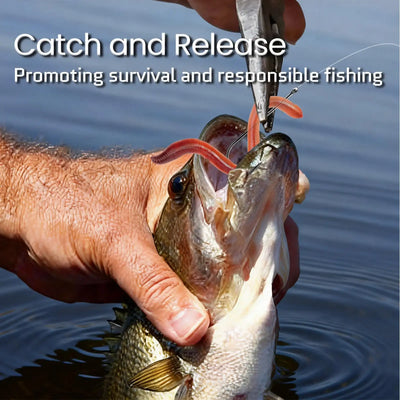 FishTrip long shank barbed hook attached to a fish being held over water