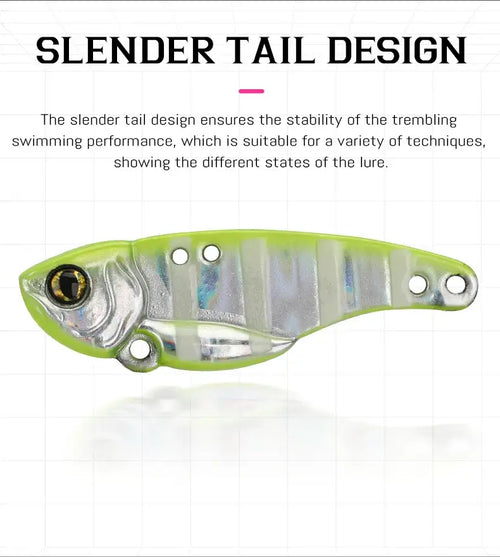 A lime green and silver metal vib fishing lure by Tsurinoya with slender tail, low center of gravity, and 3D eye