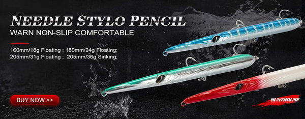 Hunthouse needle-style pencil lures, blue, green, and red sinking bait
