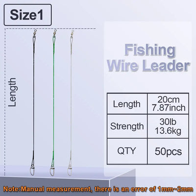 Fishing wire leader Size 1: 20cm length, 30lb strength, 50pcs, shown with snap swivels