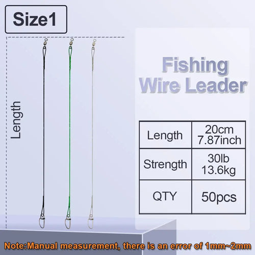 Fishing wire leader Size 1: 20cm length, 30lb strength, 50pcs, shown with snap swivels