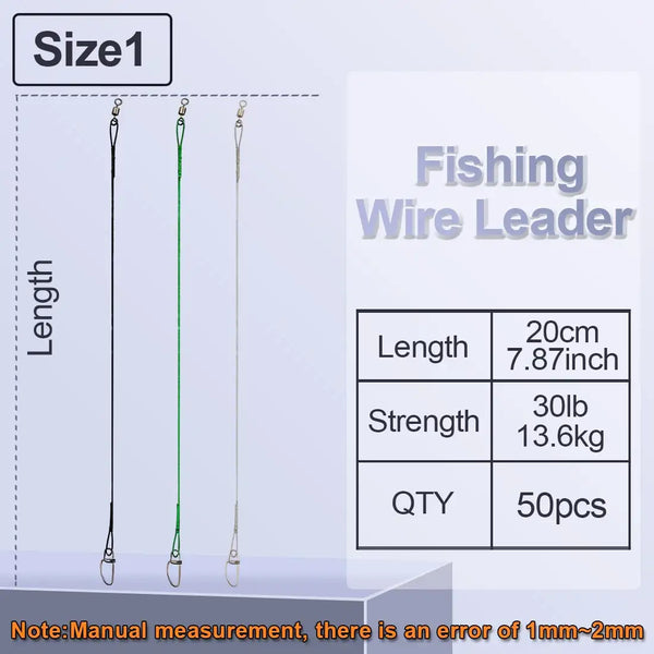 Fishing wire leader Size 1: 20cm length, 30lb strength, 50pcs, shown with snap swivels