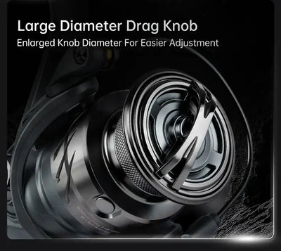 Spinning fishing reel with large diameter drag knob and ribbed spool face
