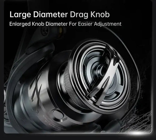 Spinning fishing reel with large diameter drag knob and ribbed spool face