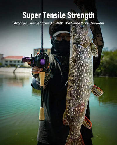 Spinning rod with purple fishing line spooled on the reel for fishing