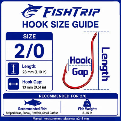 Red offset circle fishing hook size 2/0 on size guide card with hook gap info