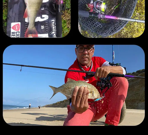 Fishing rod close-up with reel and purple handle, shown during beach fishing
