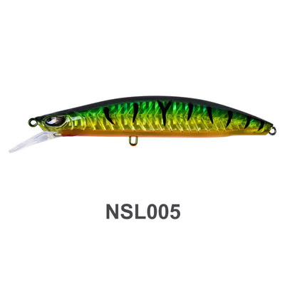 Floating minnow jerkbait with green chartreuse body and black back pattern