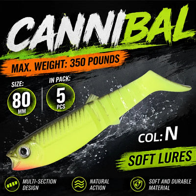 Bright chartreuse paddle tail swimbait with orange belly tint, soft flexible bait.