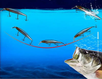Set of floating minnow fishing lures with treble hooks, shown with splash
