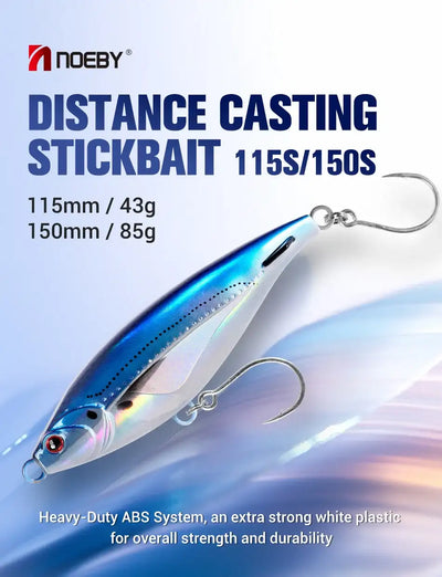 Blue and silver sinking pencil stickbait lure with metal rings and line hook