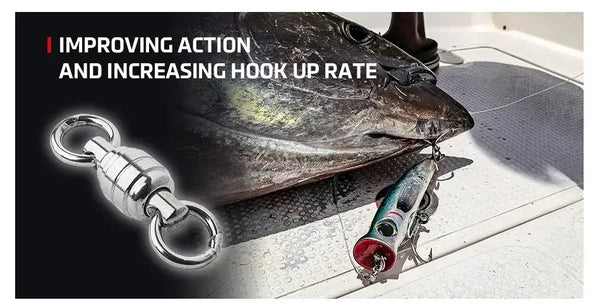 Stainless steel welded solid ring swivel attached to a fishing rig