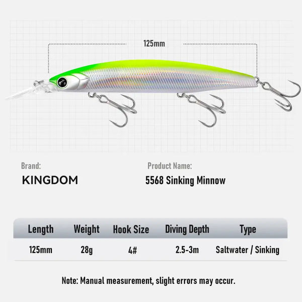 125mm neon green and silver minnow lure with multiple treble hooks and eyelet.