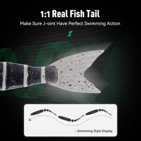 Close side view of black-and-white striped swimbait tail section with speckled texture.