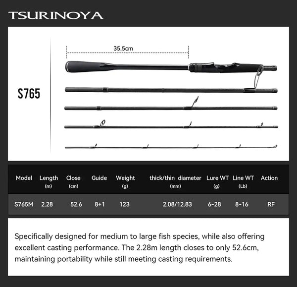 Packable lure rod, S765 model, black multi-section handle with line guides
