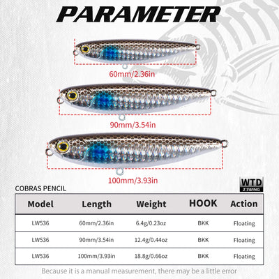 Blue-silver pencil stickbait lure shown in three lengths, with treble hooks