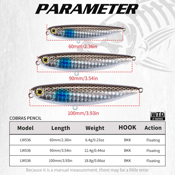 Blue-silver pencil stickbait lure shown in three lengths, with treble hooks