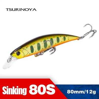 Sinking minnow hard bait with orange-yellow body, speckled pattern, and two treble hooks