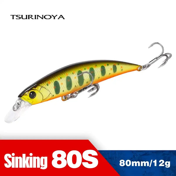 Sinking minnow hard bait with orange-yellow body, speckled pattern, and two treble hooks