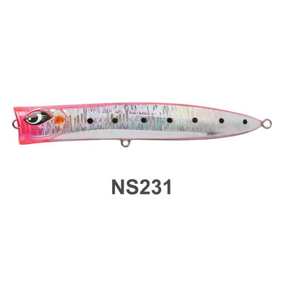 Floating wobbler fishing lure, pink and silver with black dot pattern, double hooks