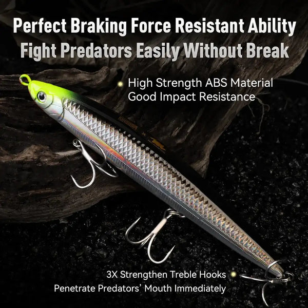 Sinking pencil fishing lure, gray-silver body with green head and red stripe; three treble hooks