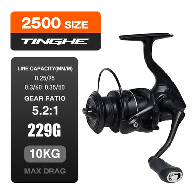 Black spinning fishing reel with curved handle and large spool