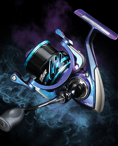 Blue and purple spinning fishing reel with long-cast shallow spool and handle