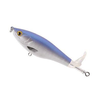 Floating topwater fishing lure, light blue and silver, rotating tail, treble hooks
