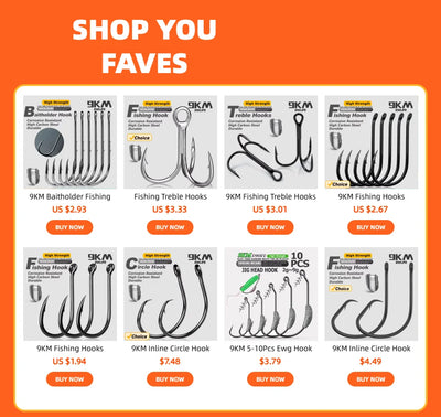 Assorted 9KM fishing hooks product listing with multiple circle and treble styles