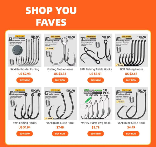 Assorted 9KM fishing hooks product listing with multiple circle and treble styles