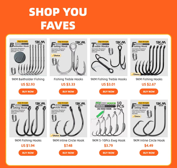 Assorted 9KM fishing hooks product listing with multiple circle and treble styles