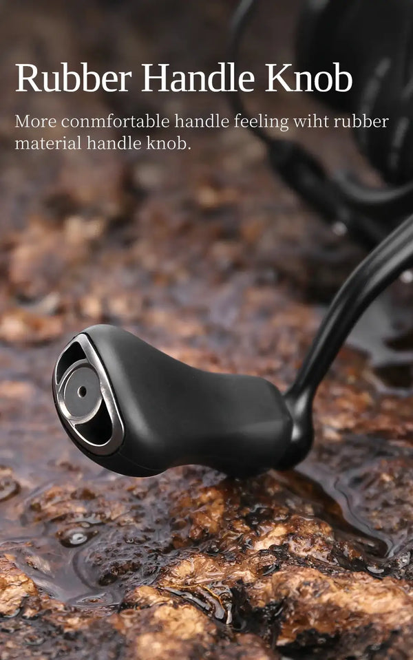 Spinning fishing reel rubber handle knob with black grip and metal mounting plate.