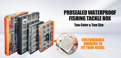 Fishing tackle box with clear divided compartments and orange waterproof-style frame