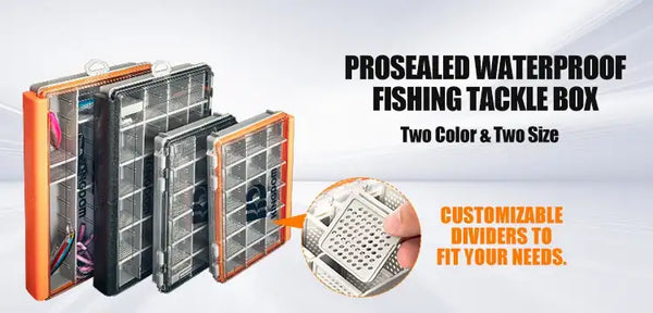 Fishing tackle box with clear divided compartments and orange waterproof-style frame