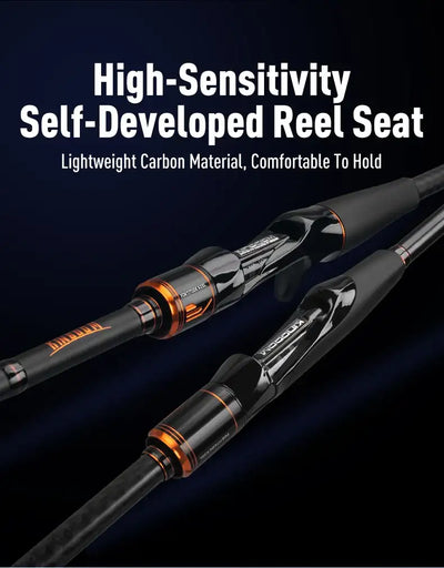 High-sensitivity self-developed reel seat on black fishing rod with orange rings