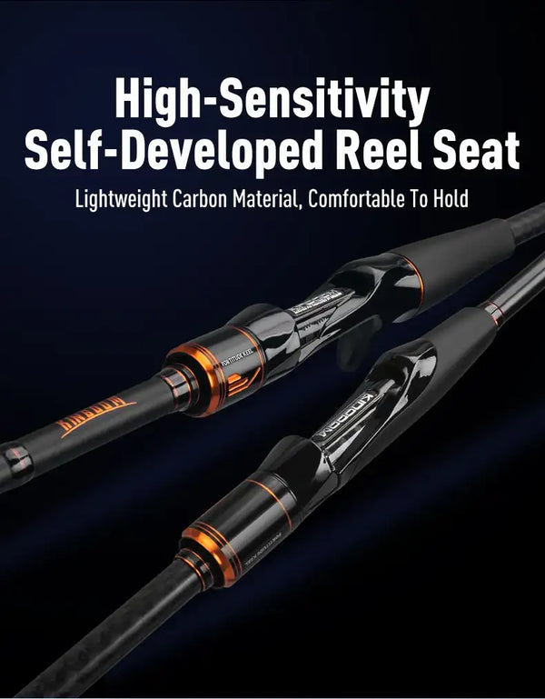 High-sensitivity self-developed reel seat on black fishing rod with orange rings