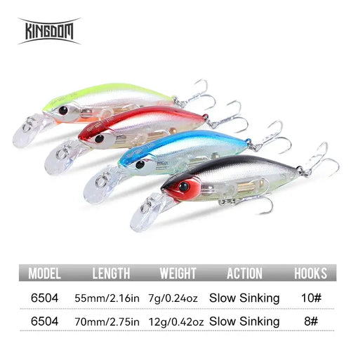 Four slow-sinking minnow lures with clear lips and treble hooks in silver, red, blue, and black